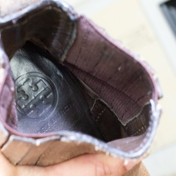 Tory Burch Gold Bronze Chelsea Ankle Boots Logo Monogram Block Platform Heel 5 - Picture 10 of 10